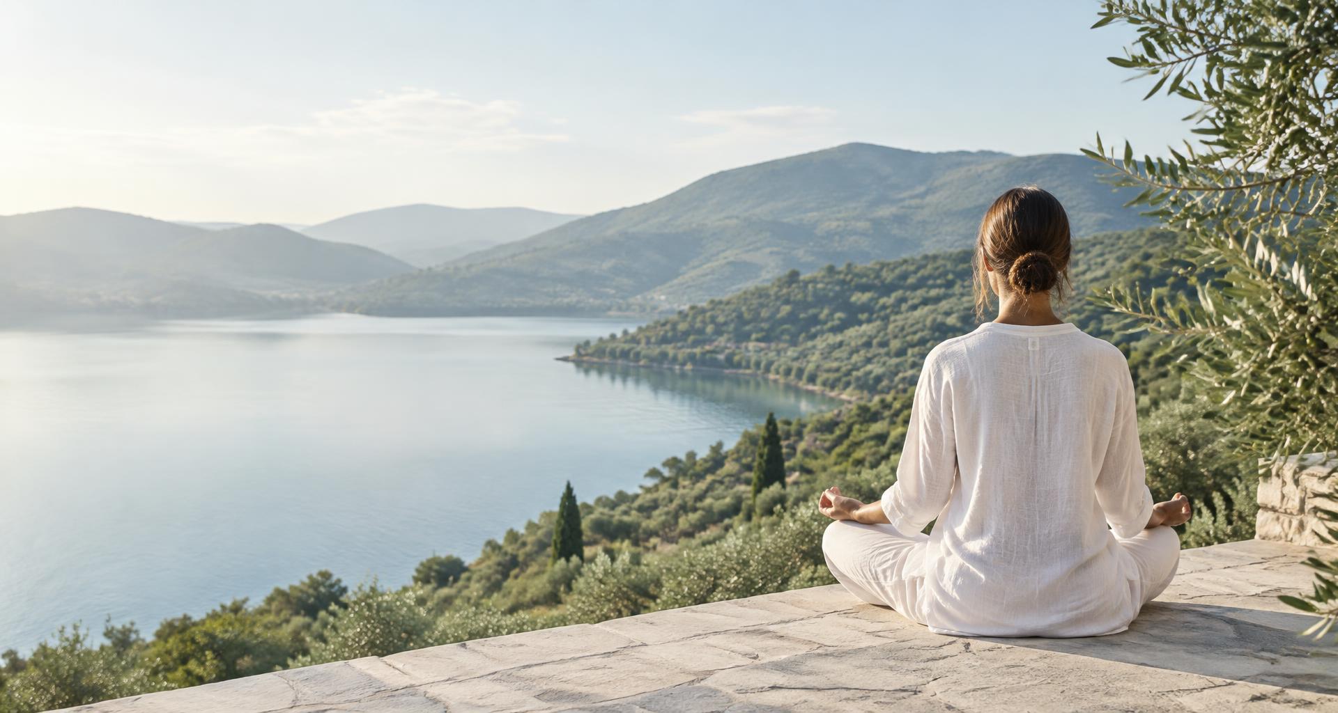Imagem ilustrativa de uma mulher a meditar diante de um lago